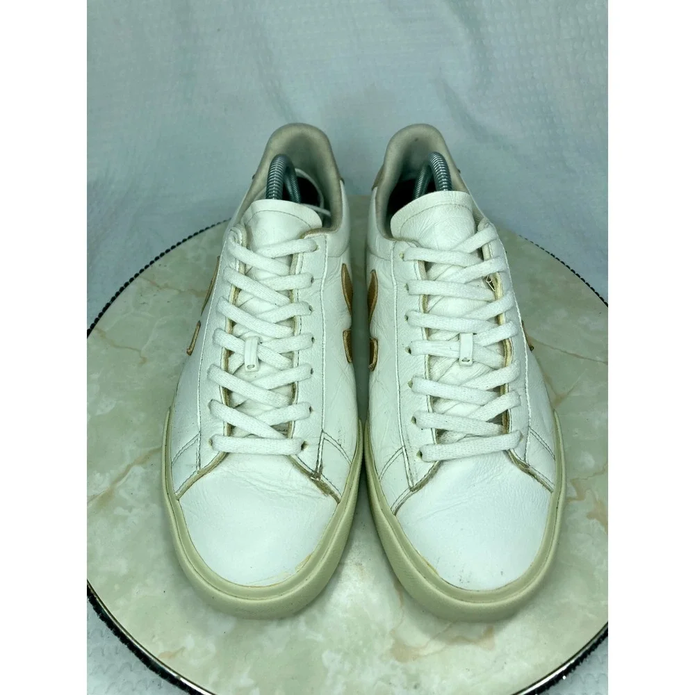Veja Esplar Metallic Leather Shoes Women 9.5 Gold White Low Top Lace Up Sneakers